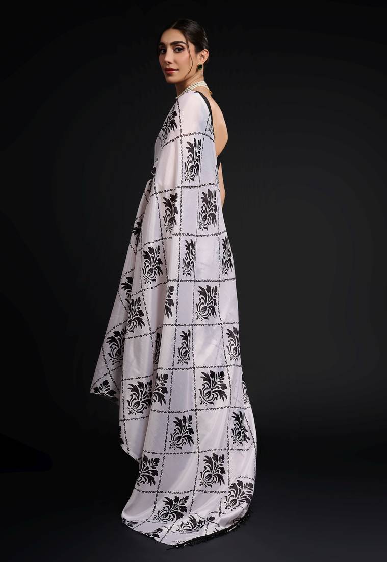white color chinon fabric ready to wear saree for elegant bollywood style