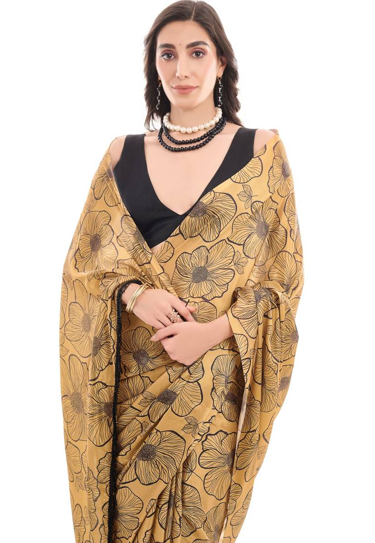 mustard color chinon fabric ready to wear saree for elegant bollywood style