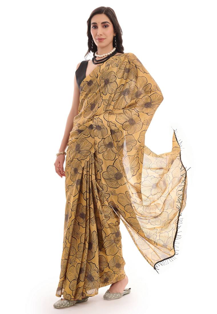 mustard color chinon fabric ready to wear saree for elegant bollywood style