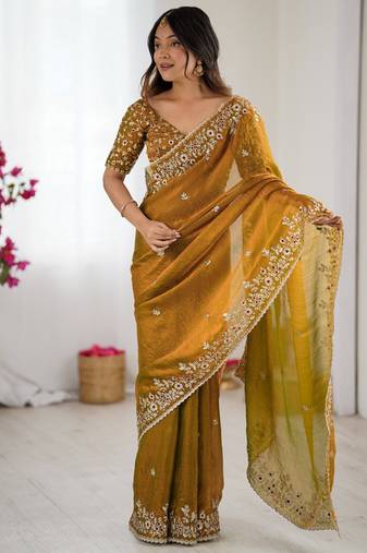 mustard color trendy fendy chiffon fabric glamorous partywear saree