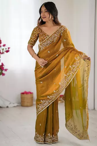 mustard color trendy fendy chiffon fabric glamorous partywear saree