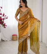 mustard color trendy fendy chiffon fabric glamorous partywear saree