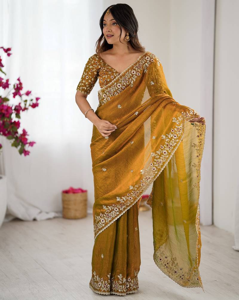 mustard color trendy fendy chiffon fabric glamorous partywear saree