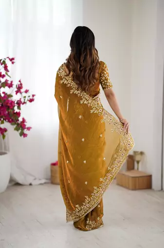 mustard trendy chiffon glamorous partywear saree