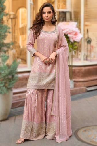 Simar viscose jacquard embroidered palazzo kurti set with silk dupatta