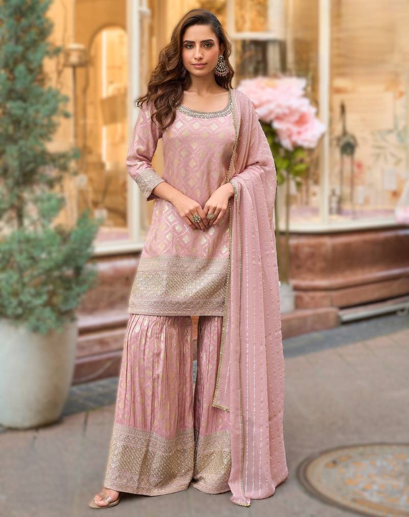 Simar viscose jacquard embroidered palazzo kurti set with silk dupatta