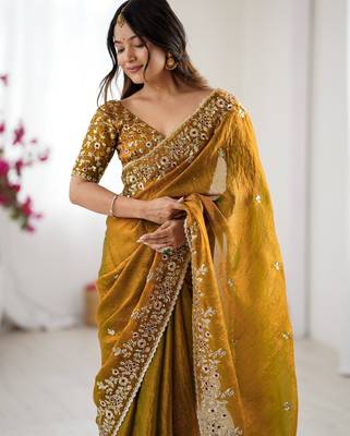 mustard trendy chiffon glamorous partywear saree 4