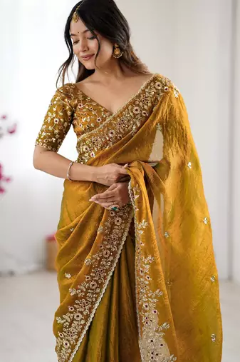 mustard trendy chiffon glamorous partywear saree