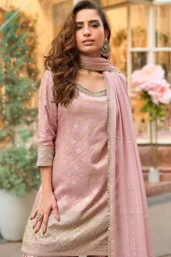 simar viscose jacquard embroidered palazzo kurti set with silk dupatta