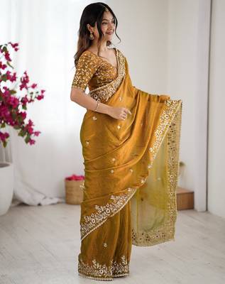 mustard trendy chiffon glamorous partywear saree 5