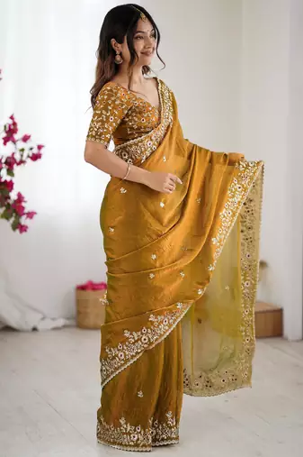 mustard trendy chiffon glamorous partywear saree