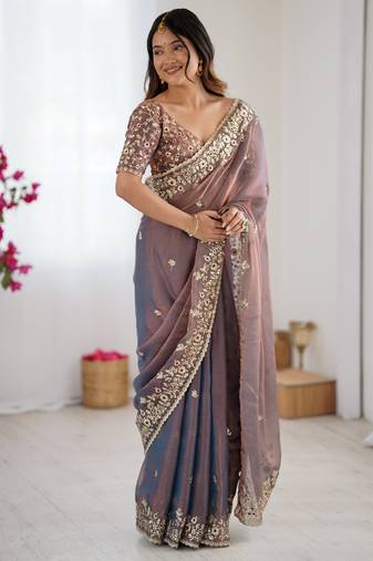 grey color trendy fendy chiffon fabric glamorous partywear saree