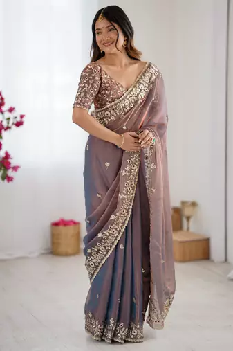 grey color trendy fendy chiffon fabric glamorous partywear saree