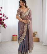 grey color trendy fendy chiffon fabric glamorous partywear saree