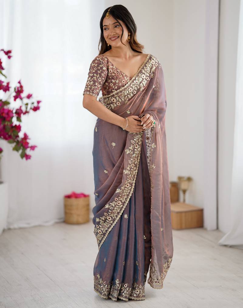 grey color trendy fendy chiffon fabric glamorous partywear saree