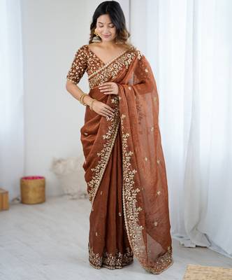 brown trendy chiffon glamorous partywear saree 1