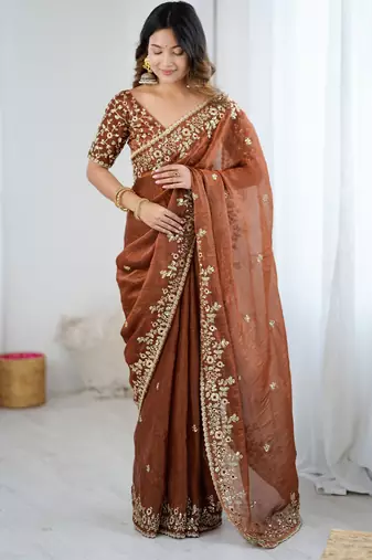 brown color trendy fendy chiffon fabric glamorous partywear saree