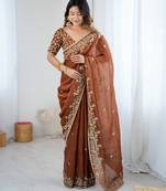 brown color trendy fendy chiffon fabric glamorous partywear saree