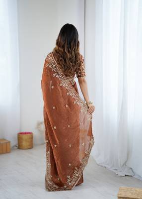 brown trendy chiffon glamorous partywear saree 3