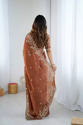 brown color trendy fendy chiffon fabric glamorous partywear saree
