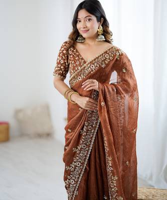 brown trendy chiffon glamorous partywear saree 4