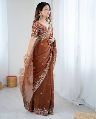 brown trendy chiffon glamorous partywear saree 5