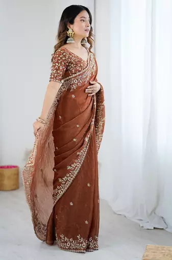 brown color trendy fendy chiffon fabric glamorous partywear saree