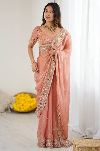 peach color trendy fendy chiffon fabric glamorous partywear saree