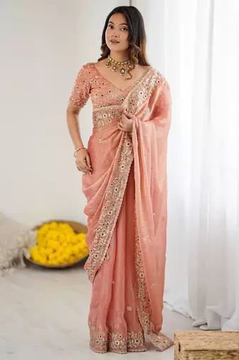 peach color trendy fendy chiffon fabric glamorous partywear saree