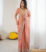 peach color trendy fendy chiffon fabric glamorous partywear saree