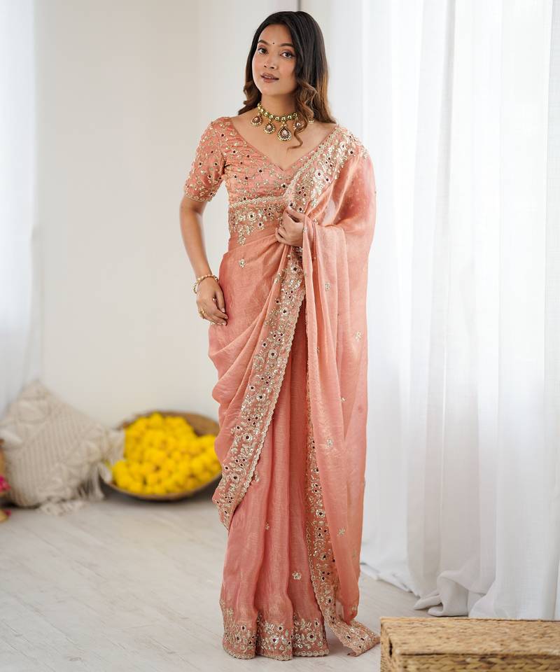 peach color trendy fendy chiffon fabric glamorous partywear saree