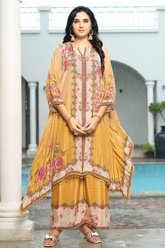 Yellow printed with handwork natural crepe aline kurti with plazzo