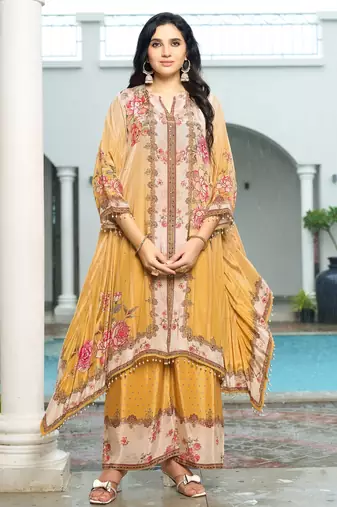 Yellow printed with handwork natural crepe aline kurti with plazzo