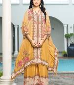 Yellow printed with handwork natural crepe aline kurti with plazzo