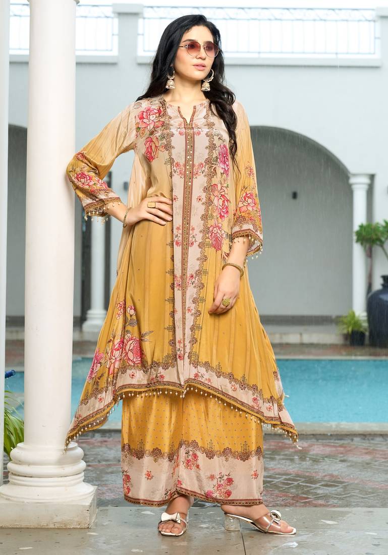 Yellow printed with handwork natural crepe aline kurti with plazzo