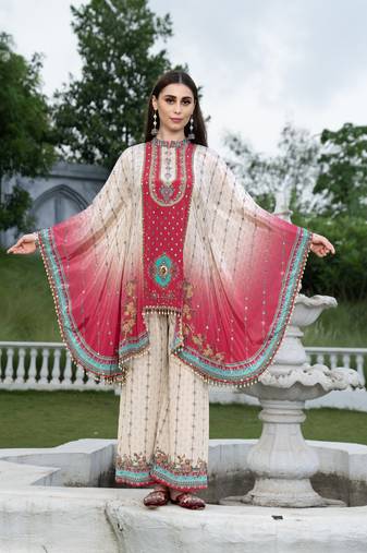 Cream & red printed with handwork natural crepe kaftan with plazzo