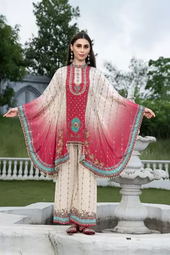 Cream & red printed with handwork natural crepe kaftan with plazzo