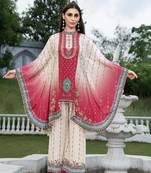 Cream & red printed with handwork natural crepe kaftan with plazzo