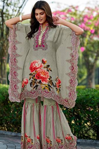 Grey printed with handwork natural crepe kaftan with sharara