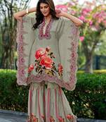 Grey printed with handwork natural crepe kaftan with sharara