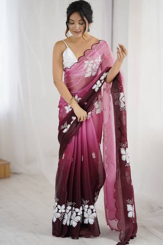 maroon color glamorous jimmy choo fabric beautiful embroidered saree