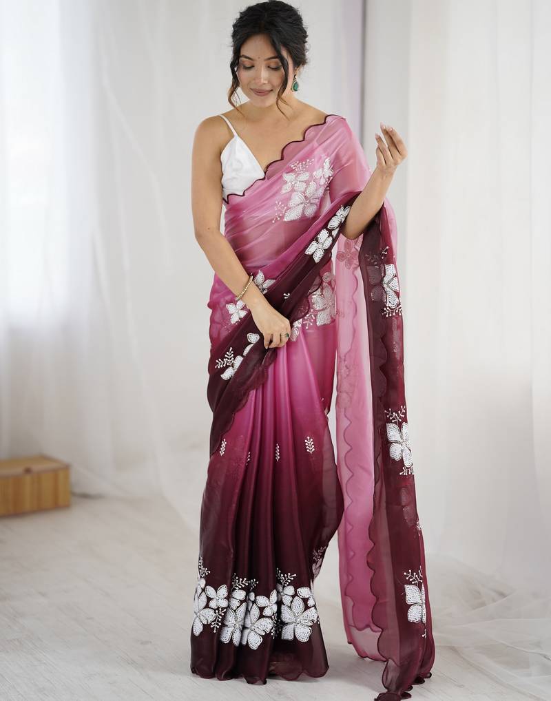 maroon color glamorous jimmy choo fabric beautiful embroidered saree