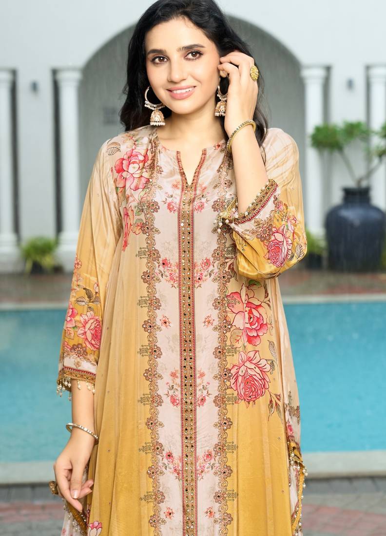 Yellow printed with handwork natural crepe aline kurti with plazzo