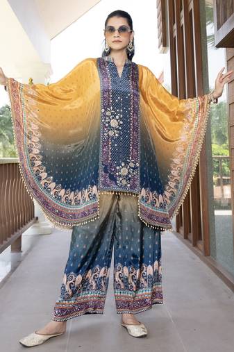 Blue & yellow printed with handwork natural crepe kaftan with plazzo