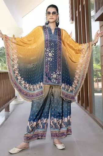 Blue & yellow printed with handwork natural crepe kaftan with plazzo