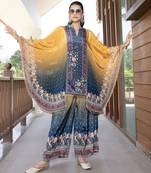 Blue & yellow printed with handwork natural crepe kaftan with plazzo