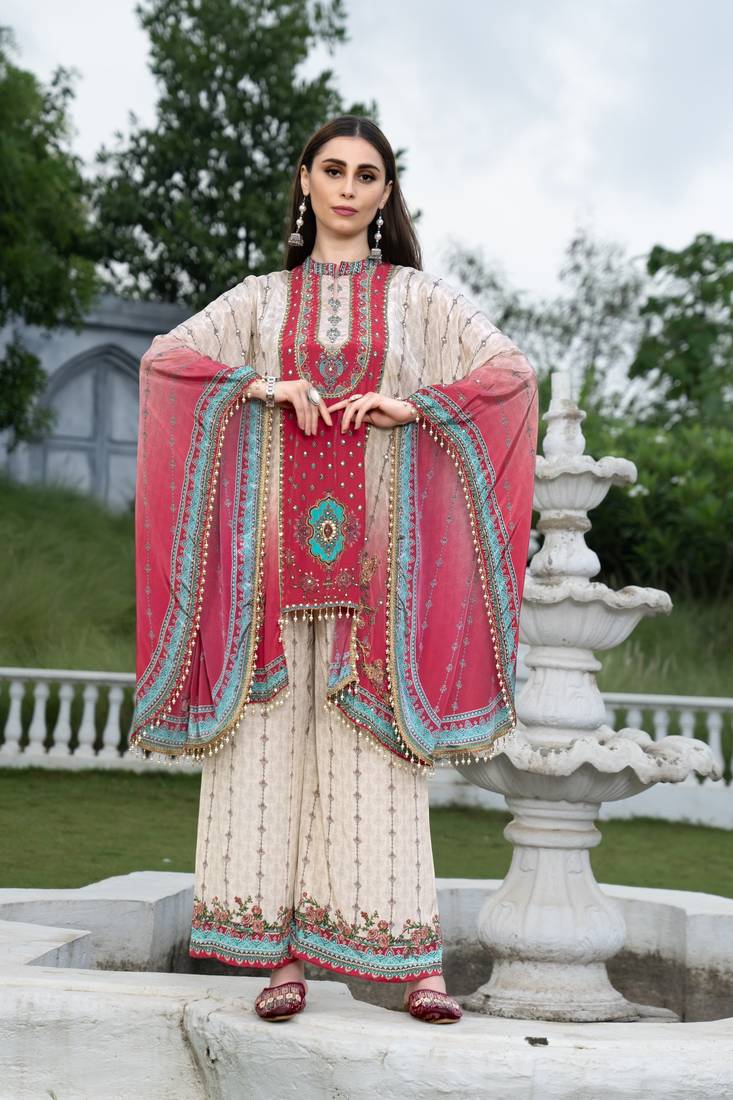 Cream & red printed with handwork natural crepe kaftan with plazzo