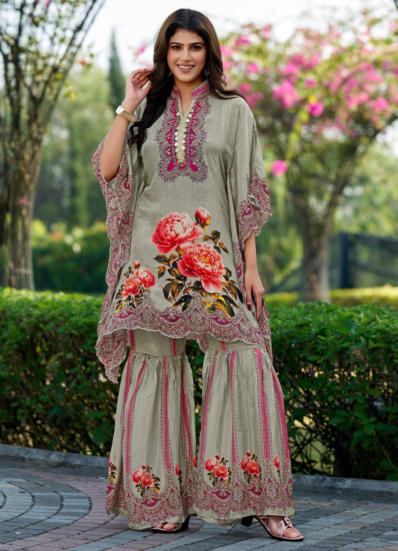 Grey printed with handwork natural crepe kaftan with sharara