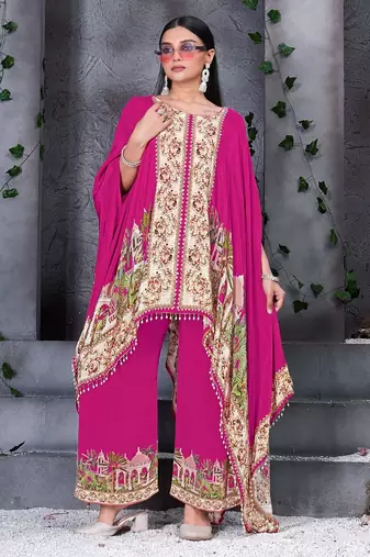 Pink printed with handwork natural crepe kaftan with plazzo