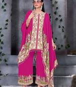Pink printed with handwork natural crepe kaftan with plazzo